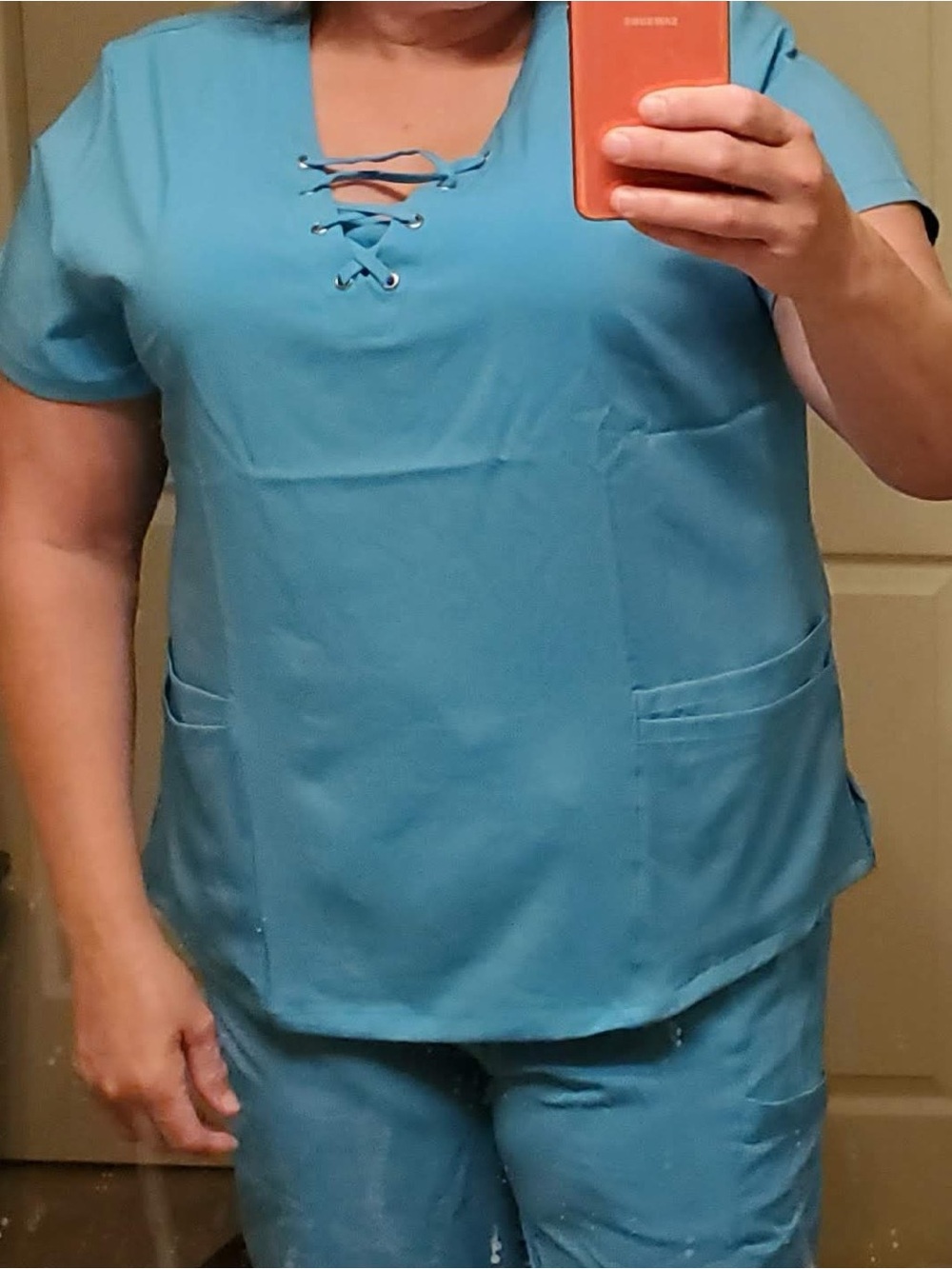 Easy Stretch Women's Lace-Up V-Neck Tunic in Light Blue Ping